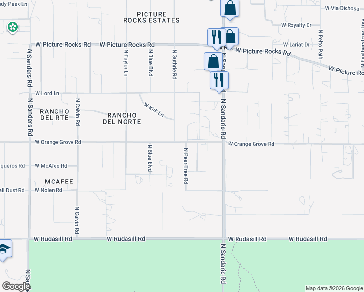 map of restaurants, bars, coffee shops, grocery stores, and more near 11961 West Orange Grove Road in Tucson