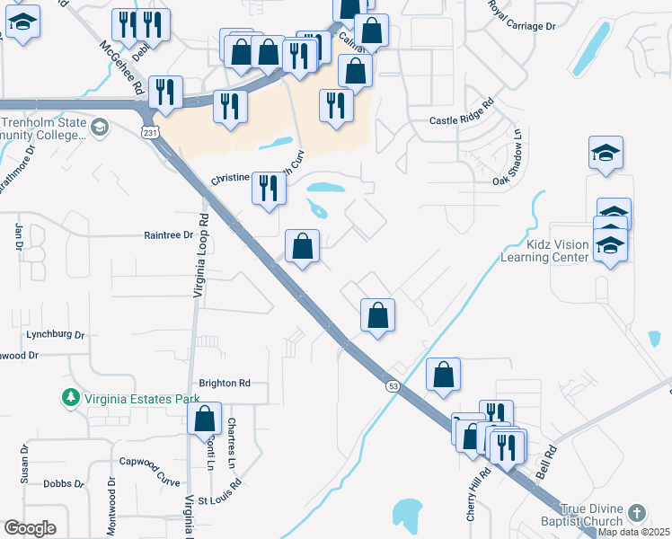 map of restaurants, bars, coffee shops, grocery stores, and more near 4925 Park Towne Way in Montgomery
