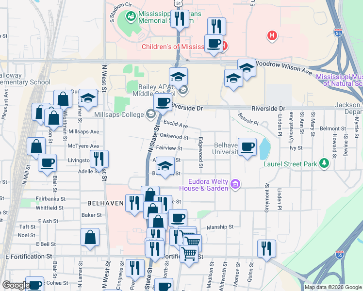 map of restaurants, bars, coffee shops, grocery stores, and more near 810 Fairview Street in Jackson