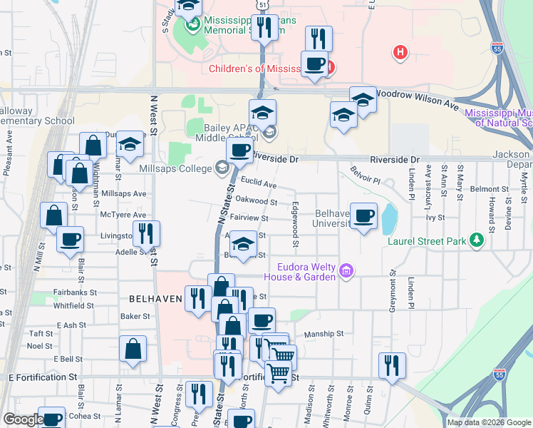 map of restaurants, bars, coffee shops, grocery stores, and more near 810 Fairview Street in Jackson