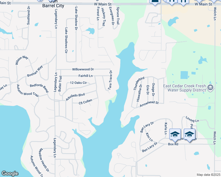 map of restaurants, bars, coffee shops, grocery stores, and more near 124 Tara Trace Drive in Gun Barrel City