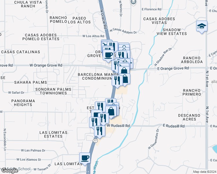 map of restaurants, bars, coffee shops, grocery stores, and more near 6311 North Barcelona Court in Tucson