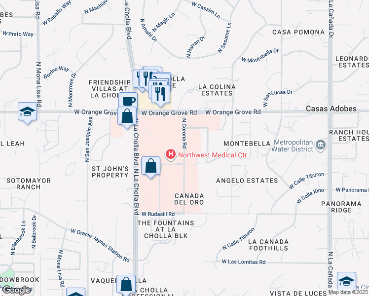 map of restaurants, bars, coffee shops, grocery stores, and more near 6265 North Corona Road in Tucson