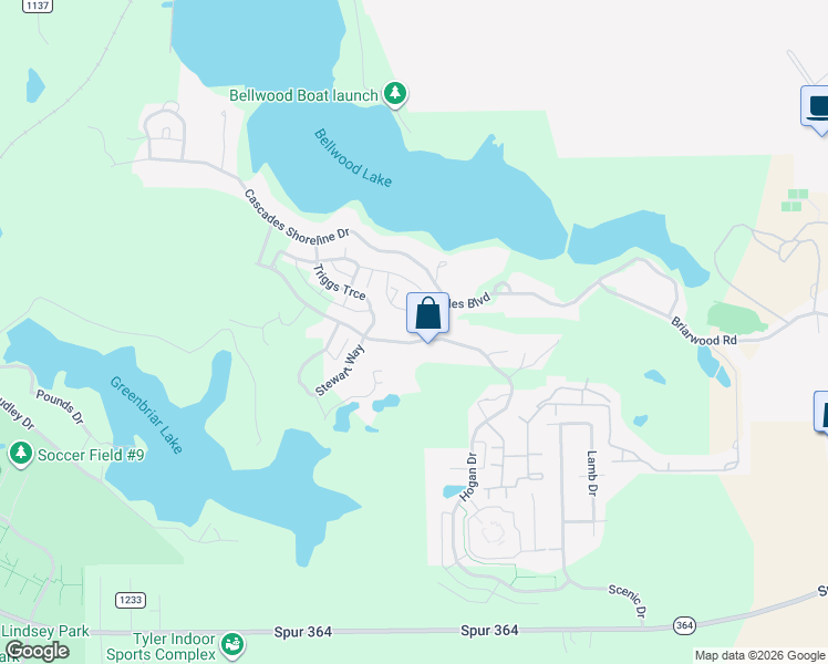 map of restaurants, bars, coffee shops, grocery stores, and more near 4409 Cascades Blvd in Tyler