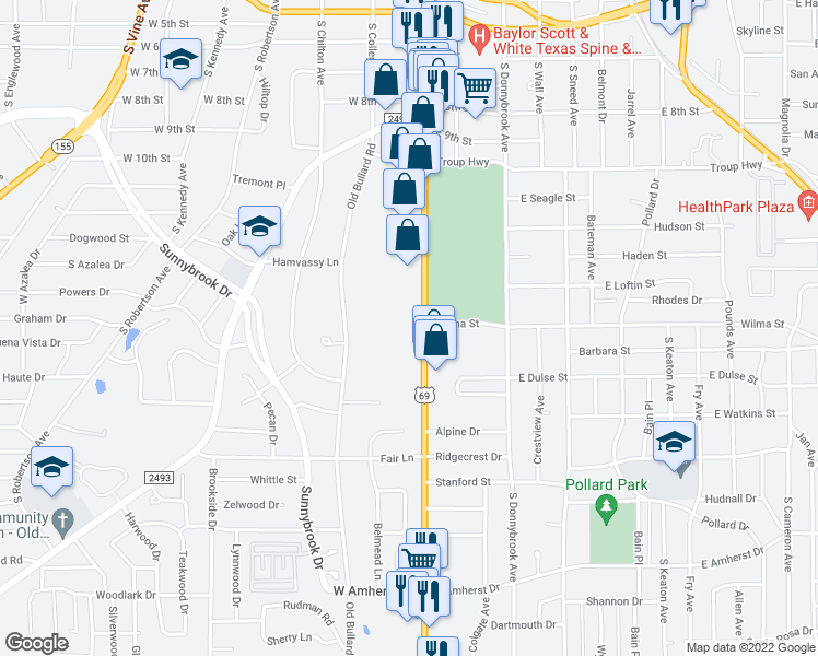 map of restaurants, bars, coffee shops, grocery stores, and more near 2715 South Broadway Avenue in Tyler