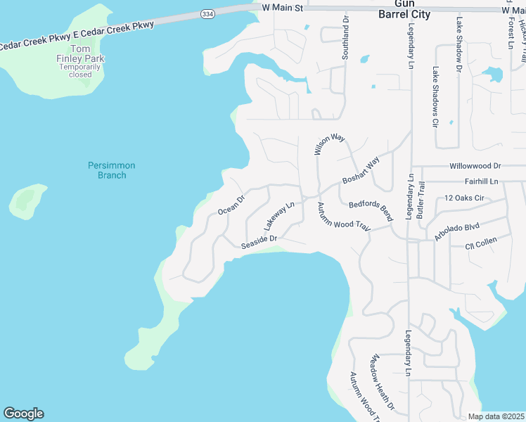 map of restaurants, bars, coffee shops, grocery stores, and more near 114 Wildwood Crossover Street in Gun Barrel City