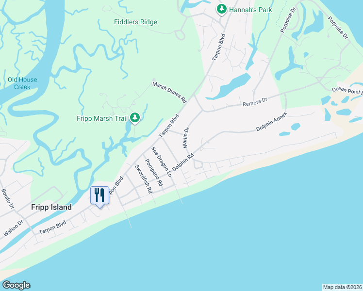 map of restaurants, bars, coffee shops, grocery stores, and more near 725 Marlin Drive in Fripp Island