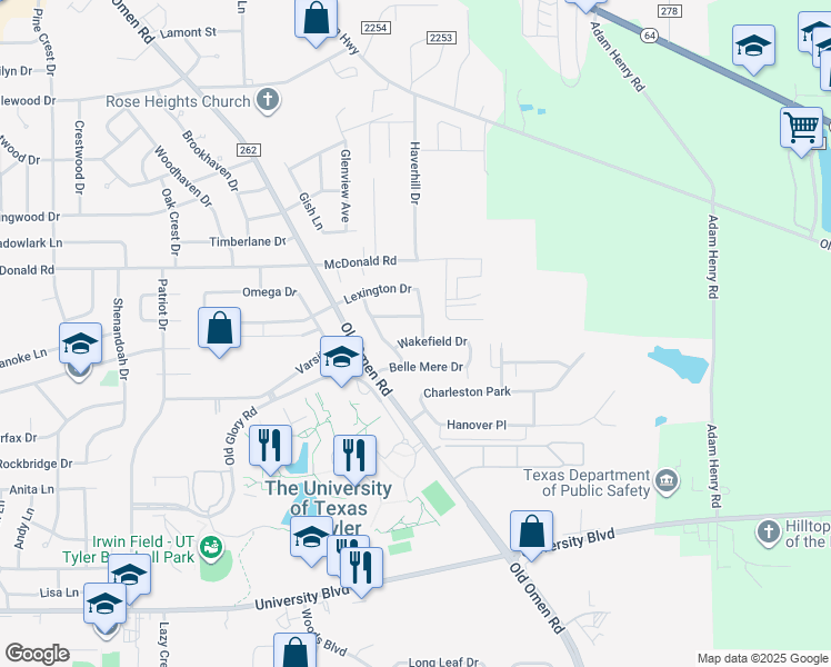 map of restaurants, bars, coffee shops, grocery stores, and more near 3911 Lexington Drive in Tyler