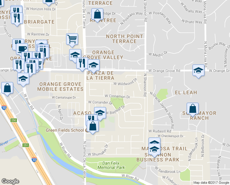 map of restaurants, bars, coffee shops, grocery stores, and more near 6251 North Tealeaf Place in Tucson