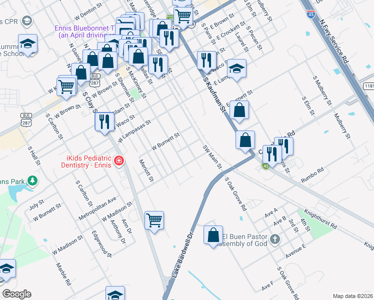 map of restaurants, bars, coffee shops, grocery stores, and more near 901 South Dallas Street in Ennis