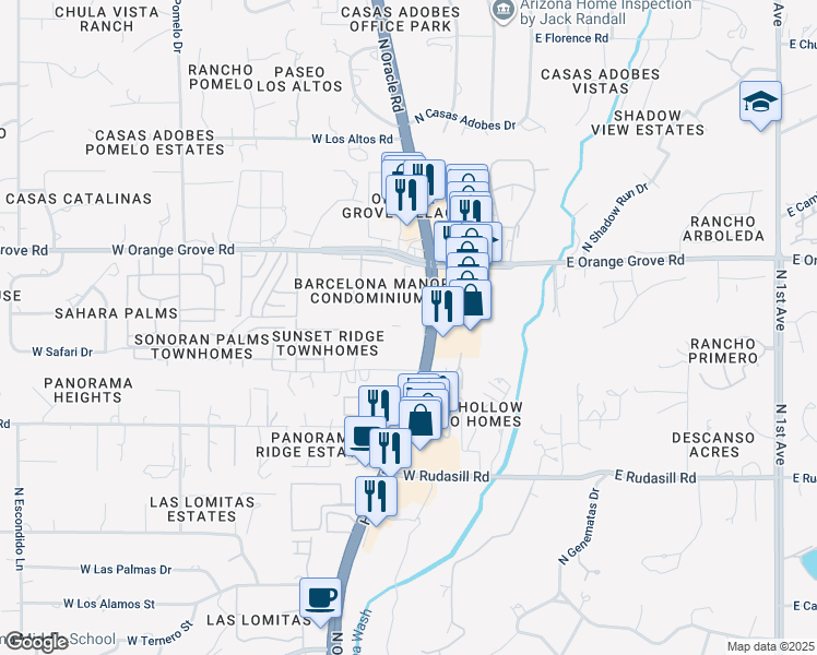 map of restaurants, bars, coffee shops, grocery stores, and more near 6281 North Oracle Road in Tucson
