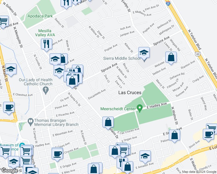 map of restaurants, bars, coffee shops, grocery stores, and more near 1001 Coyote Trail in Las Cruces
