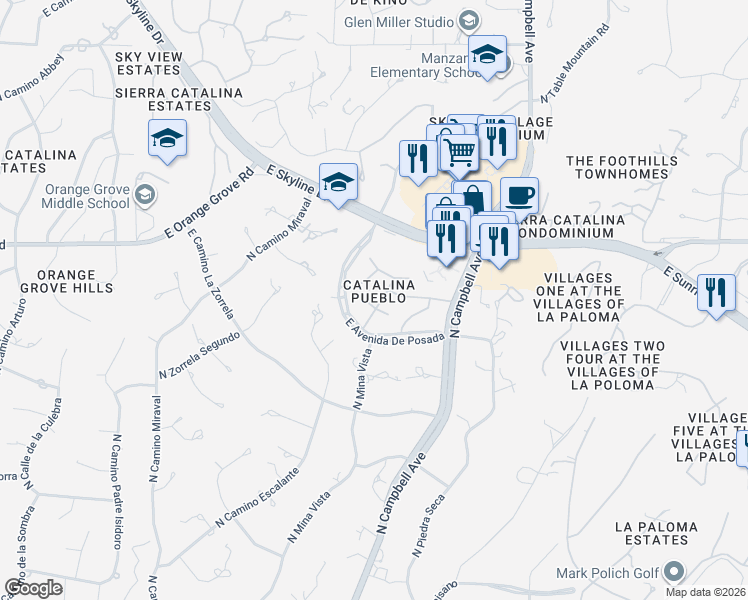 map of restaurants, bars, coffee shops, grocery stores, and more near 2552 East Cerrada Adelita in Tucson