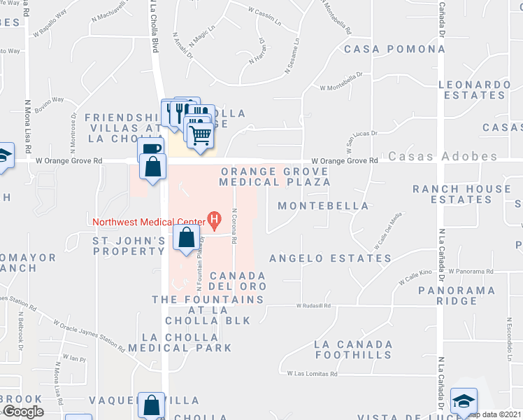 map of restaurants, bars, coffee shops, grocery stores, and more near 6231 North Montebella Road in Tucson