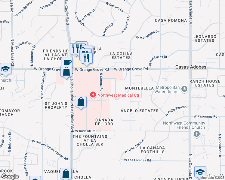 map of restaurants, bars, coffee shops, grocery stores, and more near 6231 North Montebella Road in Tucson