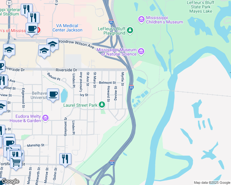 map of restaurants, bars, coffee shops, grocery stores, and more near 1702 Devine Street in Jackson