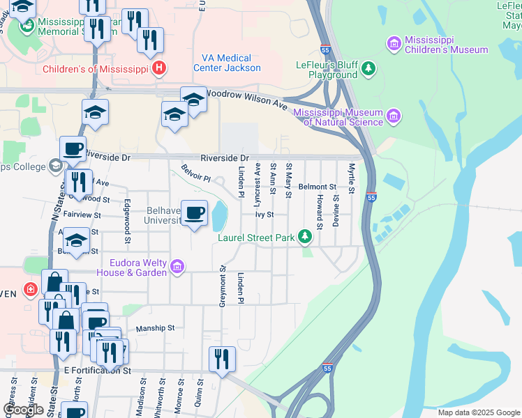 map of restaurants, bars, coffee shops, grocery stores, and more near 1703 Saint Ann Street in Jackson