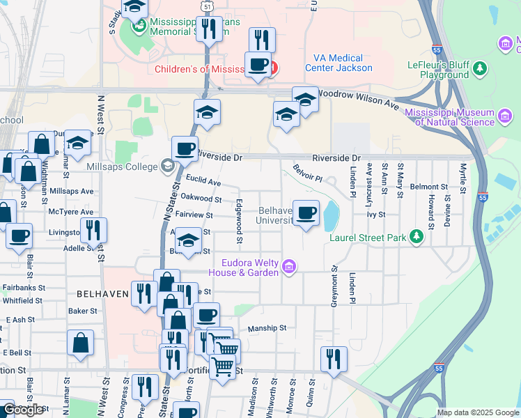 map of restaurants, bars, coffee shops, grocery stores, and more near 914 Fairview Street in Jackson
