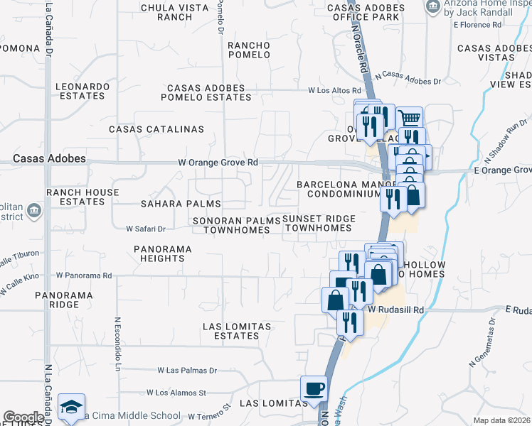 map of restaurants, bars, coffee shops, grocery stores, and more near 732 West Rushwood Drive in Tucson