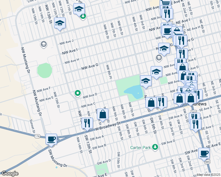 map of restaurants, bars, coffee shops, grocery stores, and more near 500 Northwest 9th Street in Andrews