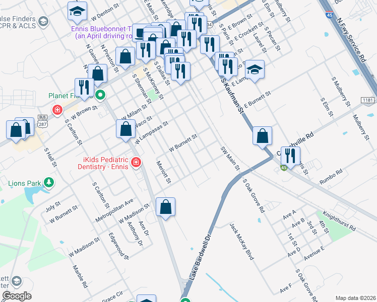 map of restaurants, bars, coffee shops, grocery stores, and more near 810 South Sherman Street in Ennis
