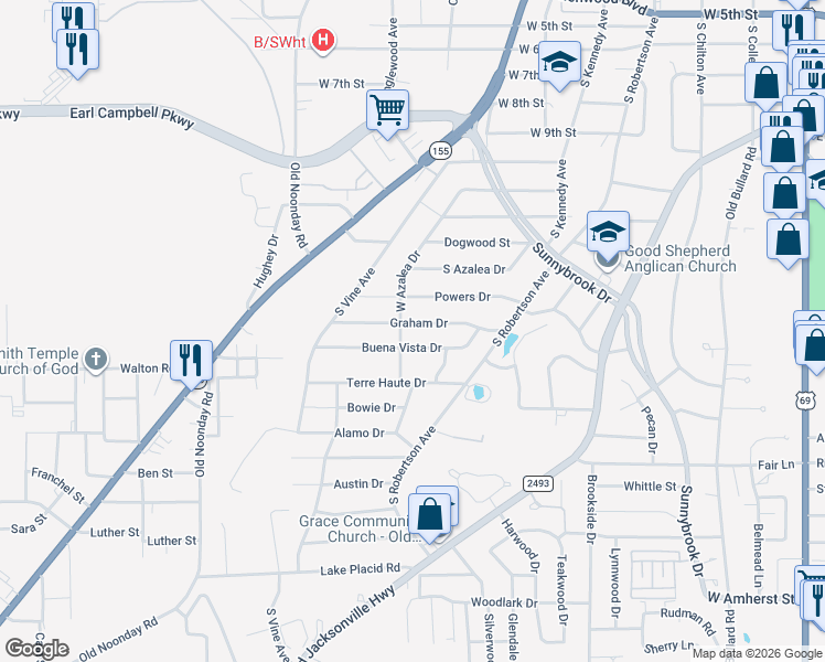 map of restaurants, bars, coffee shops, grocery stores, and more near 1324 Graham Drive in Tyler