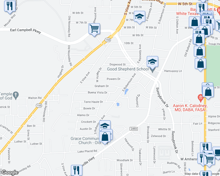 map of restaurants, bars, coffee shops, grocery stores, and more near 1218 Graham Drive in Tyler