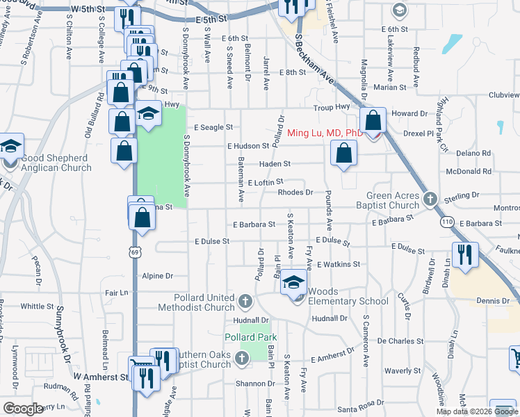 map of restaurants, bars, coffee shops, grocery stores, and more near 699 Wilma Street in Tyler