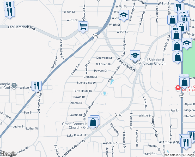 map of restaurants, bars, coffee shops, grocery stores, and more near 1218 Graham Drive in Tyler