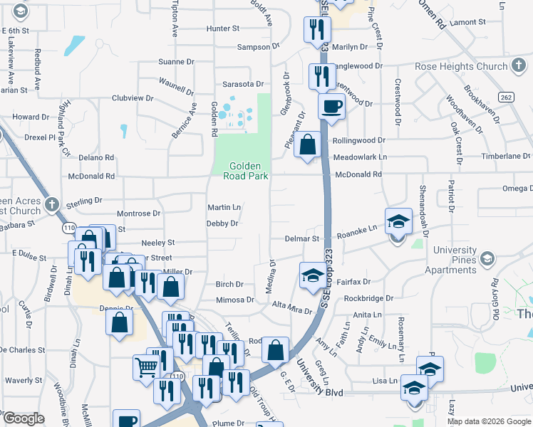map of restaurants, bars, coffee shops, grocery stores, and more near 2623 South Boldt Avenue in Tyler