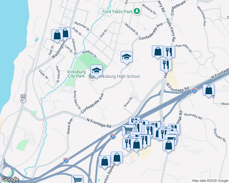 map of restaurants, bars, coffee shops, grocery stores, and more near 2823 Confederate Avenue in Vicksburg