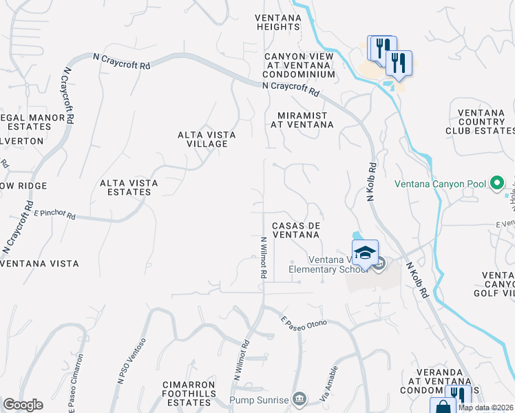 map of restaurants, bars, coffee shops, grocery stores, and more near 6255 North Wilmot Road in Tucson