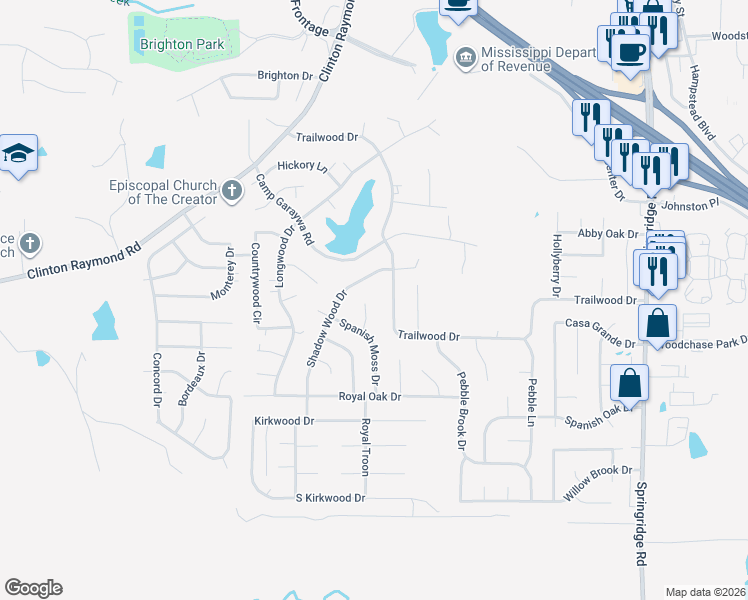 map of restaurants, bars, coffee shops, grocery stores, and more near 104 Meadow Cove in Clinton