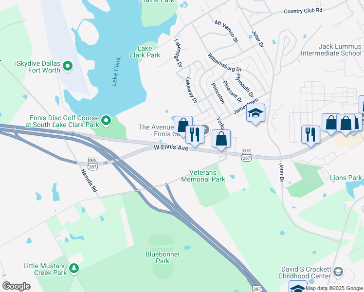 map of restaurants, bars, coffee shops, grocery stores, and more near 2402 West Ennis Avenue in Ennis
