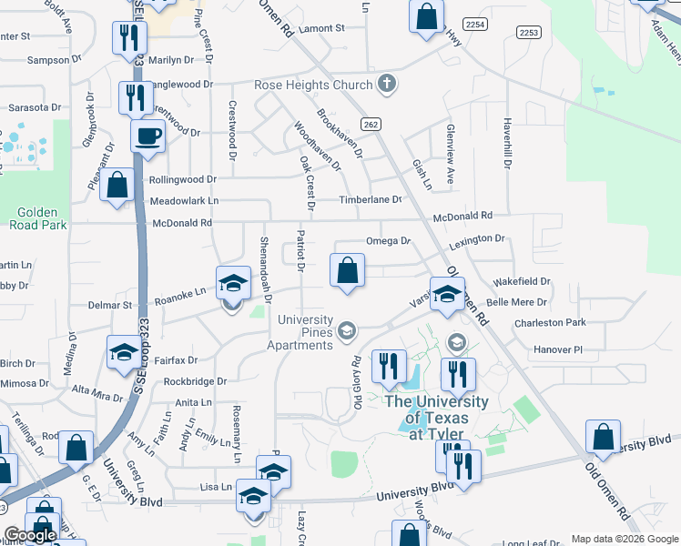 map of restaurants, bars, coffee shops, grocery stores, and more near 3209 Lexington Drive in Tyler