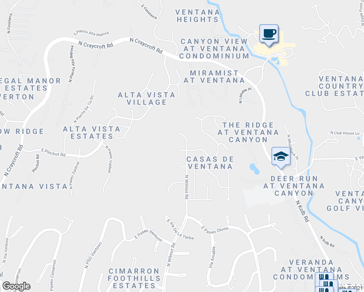 map of restaurants, bars, coffee shops, grocery stores, and more near 6261 East Calle De Mirar in Tucson