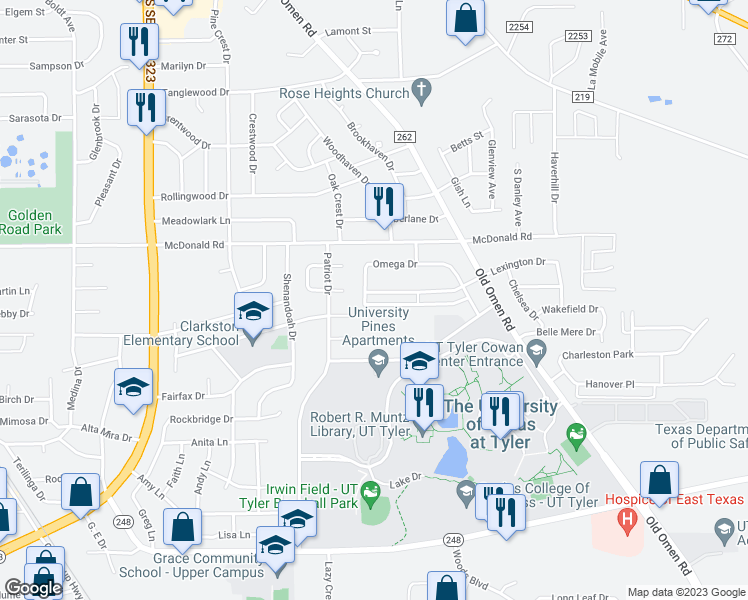 map of restaurants, bars, coffee shops, grocery stores, and more near 3213 Lexington Drive in Tyler