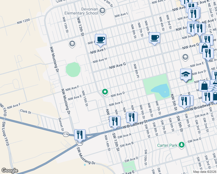 map of restaurants, bars, coffee shops, grocery stores, and more near 601 Northwest 12th Place in Andrews