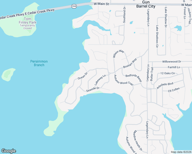 map of restaurants, bars, coffee shops, grocery stores, and more near 114 Wildwood Crossover Street in Gun Barrel City