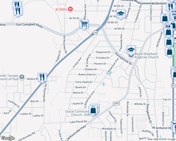 map of restaurants, bars, coffee shops, grocery stores, and more near 1324 Graham Drive in Tyler