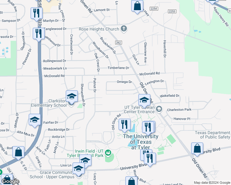 map of restaurants, bars, coffee shops, grocery stores, and more near 3303 Lexington Drive in Tyler