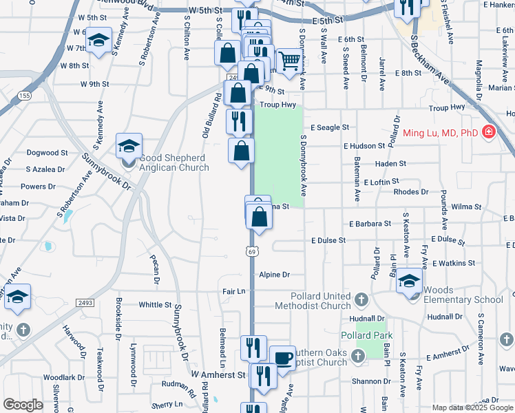 map of restaurants, bars, coffee shops, grocery stores, and more near 2600 South Broadway Avenue in Tyler