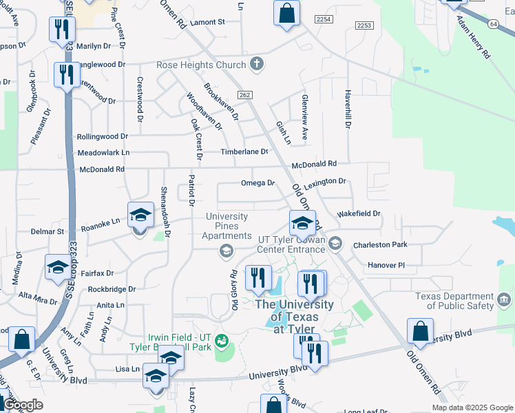 map of restaurants, bars, coffee shops, grocery stores, and more near 3403 Lexington Drive in Tyler