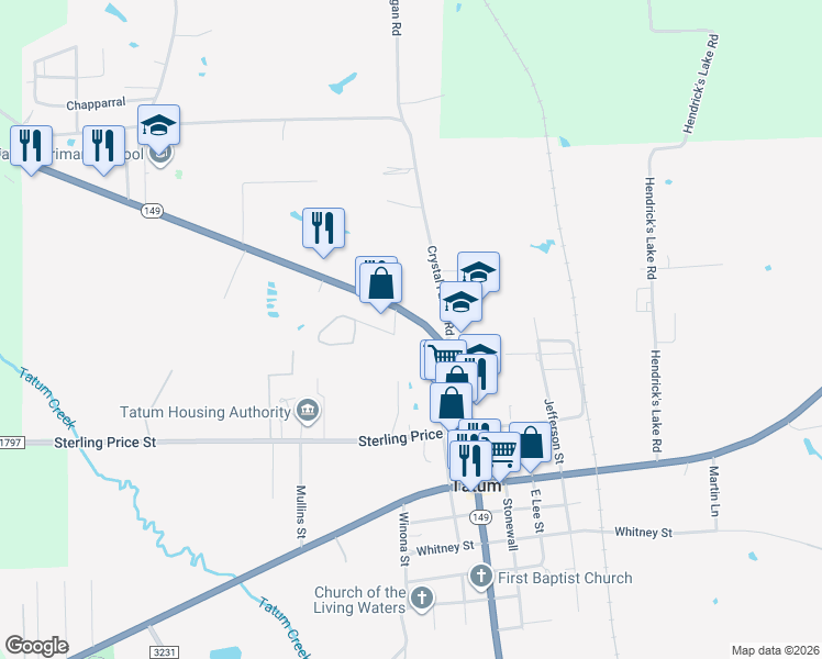 map of restaurants, bars, coffee shops, grocery stores, and more near 585 Texas 149 in Tatum