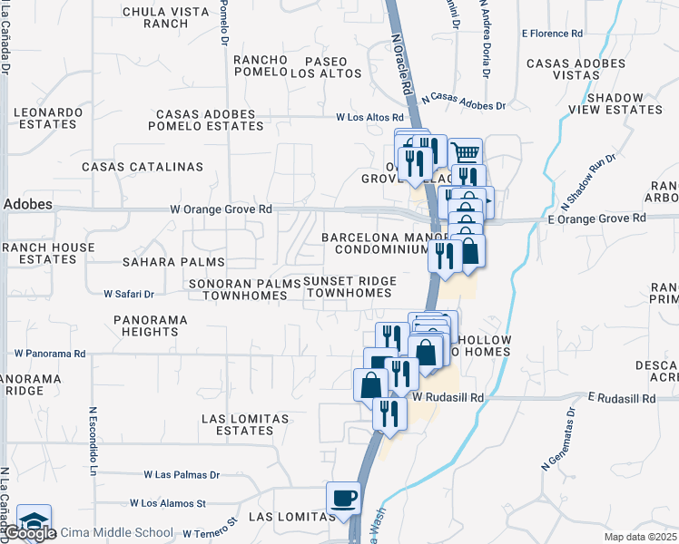 map of restaurants, bars, coffee shops, grocery stores, and more near 650 West Rushwood Drive in Tucson