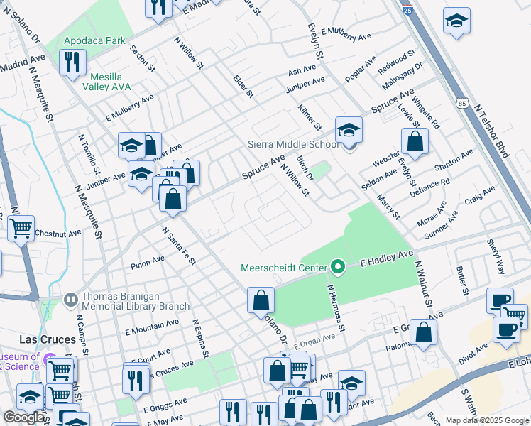 map of restaurants, bars, coffee shops, grocery stores, and more near 1001 Coyote Trail in Las Cruces