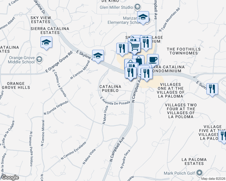 map of restaurants, bars, coffee shops, grocery stores, and more near 2650 East Avenida De Pueblo in Tucson