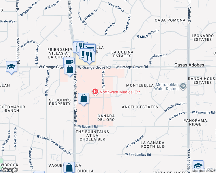 map of restaurants, bars, coffee shops, grocery stores, and more near 6265 North Corona Road in Tucson
