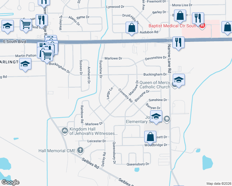 map of restaurants, bars, coffee shops, grocery stores, and more near 1507 Flamingo Lane in Montgomery