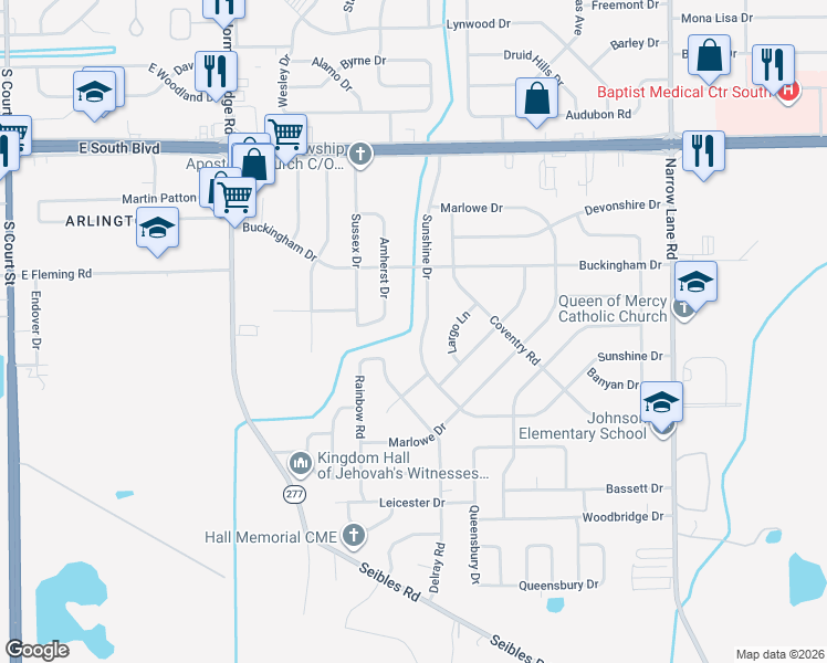 map of restaurants, bars, coffee shops, grocery stores, and more near 4360 Sunshine Drive in Montgomery